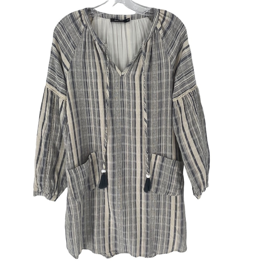 Doe & Rae Bishop Sleeve Blue/Gray & Cream Stripe Lined Shirt Dress - Sz M